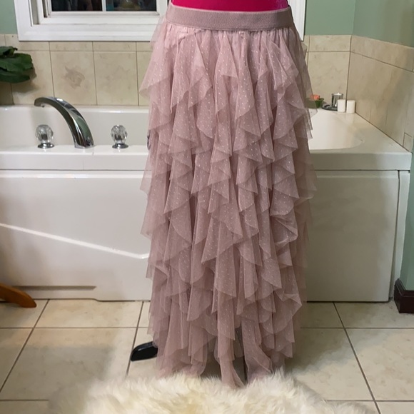 Anthropologie Tulle Ruffle MIDI Skirt Rose pink aromatic Boho Size Large - Picture 7 of 9